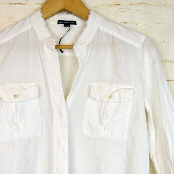 James Perse Shirt Women 1 White Collarless Safari Cotton Button Front 3/4 Sleeve - Picture 5 of 14
